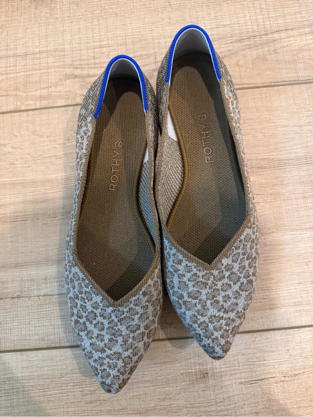 Rothy's Women's Taupe Leopard Knit Flats with Blue Trim
